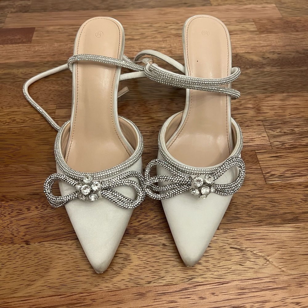 White rhinestone heels with bow